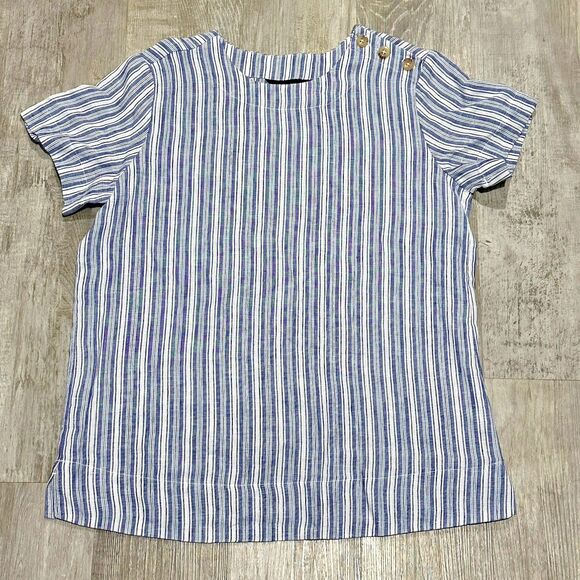 Lands End Blue Striped Short Sleeve Top 100% Linen Blouse Women’s XS Nautical - Picture 2 of 11